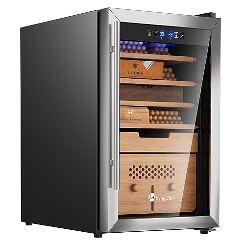 KingChii Upgrade 70L Electric Compression Temperature & Humidity Control Cabinet, Built-in Humidification System with Spanish Cedar Wood Shelves & Drawer Hygrometer Father's Day Gifts for Men