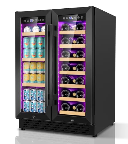 RLPI 24'' Wine and Beverage Refrigerator, 4.2 Cu. Ft. Dual Zone Wine Fridge with RGB Lights French Door Intelligent Control Advanced Compressor Under Counter Cooler for Outdoor Kitchen Bar Gift Black