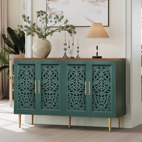 ARTPOWER 47.8" Accent Cabinet with 4 Doors, Vintage Hollow Carving Buffet Cabinet, Sideboards and Buffets with Storage, Credenza for Living Room