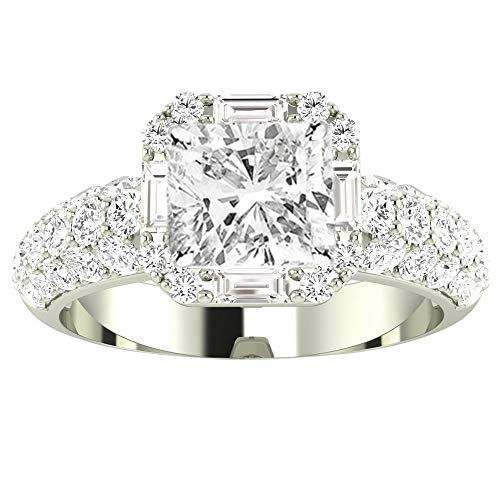 Houston Diamond District 1.75 to 6.75 Carat LAB GROWN Diamond Halo Style Baguette And Pave Set Round Cushion Cut Diamond Engagement Ring (E-F Color VS2-SI1 Clarity) 14K White Gold 6.75 Carat Size-9