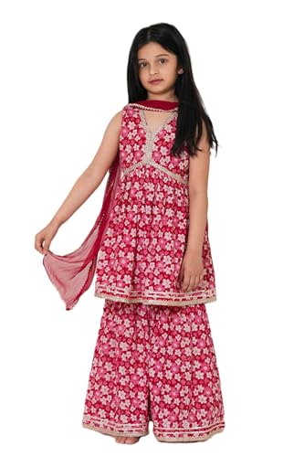 MUM & DAUGHTER Girls' Ethnic Sharara Set | Floral Printed Kurti with Sharara Pants & Dupatta | Traditional Indian (Rani Pink, 11 yr)