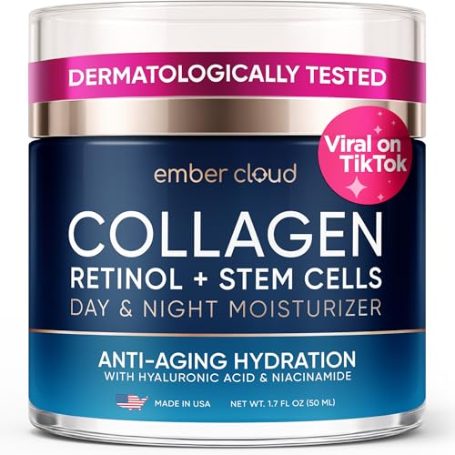 Collagen Face Cream with Stem Cells Retinol Hyaluronic Acid Niacinamide for All Skin Types - Anti-Aging Face Moisturizer with Airless Pump - Day & Night Cream for Wrinkles - Made in USA 1.7 Oz