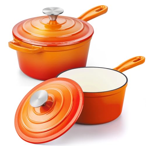 Enameled Cast Iron Sauce Pan, Leonyo 1 Qt & 2 Qt Saucepan Set, Cast Iron Dutch Oven Kitchen Small Pots for All Cooktops Cooking Pasta, Milk, Oatmeal - Up to 500°F & Nonstick, Orange