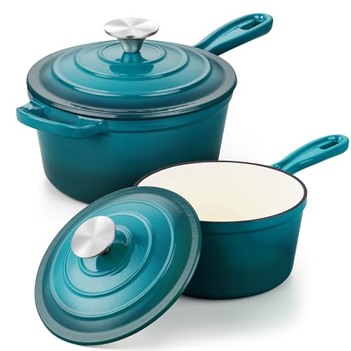 1 Qt & 2 Qt Sauce Pan Sets, Leonyo Enameled Cast Iron Sauce Pan with Lid, Small Saucepan Cast Iron Dutch Oven Kitchen Cookware for All Cooktops Cooking Pasta, Milk, Oatmeal - Up to 500°F, Lake Green