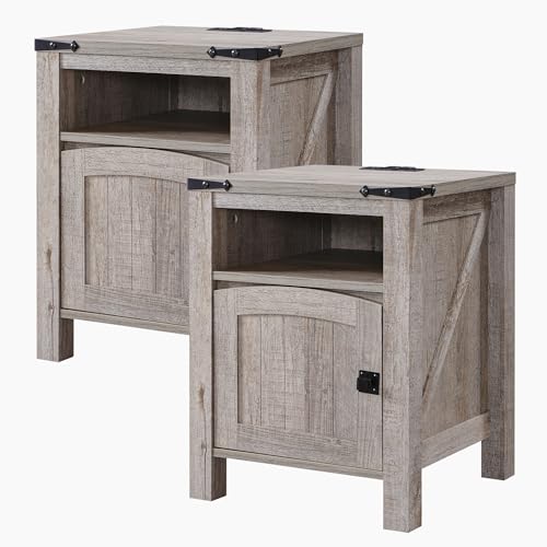 OKD End Table with Charging Station, 18" Farmhouse Nightstand with Adjustable Storage Shelf, Wood Rustic Wood Sofa Side Table for Bedroom