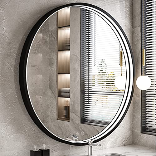 FTOTI LED Black Frame Round Mirror,Round Bathroom Mirror with Light,Wall Mounted Lighted Vanity Mirror, Anti-Fog & Dimmable Touch Switch, Waterproof IP54,90+ CRI…