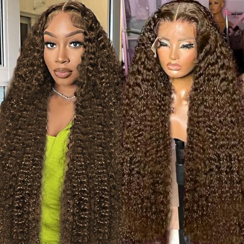 BIANFA 30 Inch Chocolate Brown Deep Wave Lace Front Wigs Human Hair 220 Density 13x6 HD Lace Frontal Wig Curly Human Hair Pre Plucked Wig for Women Brown Glueless with Natural Hairline
