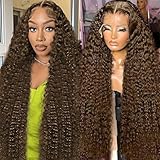 BIANFA 30 Inch Chocolate Brown Deep Wave Lace Front Wigs Human Hair 220 Density 13x6 HD Lace Frontal Wig Curly Human Hair Pre Plucked Wig for Women Brown Glueless with Natural Hairline