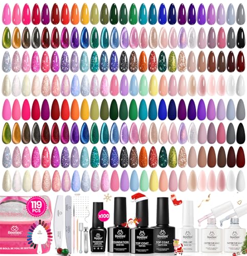 Beetles Gel Nail Polish Kit with Base and Matte&Glossy Top Coat Soak Off Pink Red Color All Season Manicure Tools Decoration