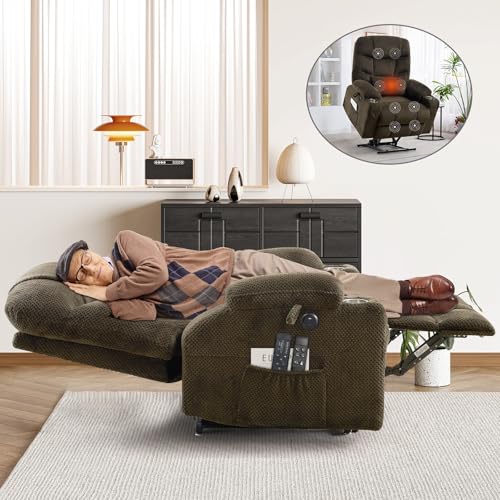 CDCASA Oversized Dual Motor Lay Flat Power Lift Recliner Chair with Massage, Heating, Textile Infinite Position Large Recliner Chairs for Big & Elderly People, Lumbar Pillow, USB & Type-C Ports
