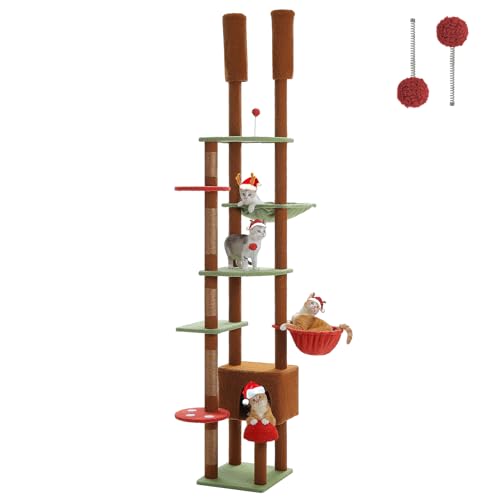 PEQULTI Tall Cat Tree, Floor to Ceiling Cat Tree Tower Adjustable [90.5''-100.4''=230-252CM] with Cat Condo, Cat Hammock and Scratching Post, Climbing Tree for Indoor Large Cats
