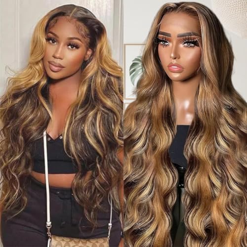Sunelk Honey Blonde Ombre Lace Front Wig Human Hair Highlight Body Wave Lace Front Wigs Human Hair Pre Plucked 200 Density Glueless Wig 13X6 HD Lace Frontal Wig for Women 4/27 Colored 28 Inch