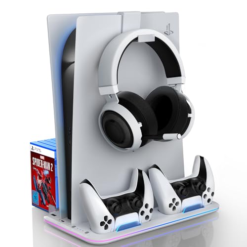 Sounce Glacier Pad RGB PS5 Cooling Stand with Dual Controller Charging Station Vertical Stand with 5200RPM Cooling Fan, RGB Lights Compatible with PS5 Disc/Pro/Digital/Slim Consoles (White)