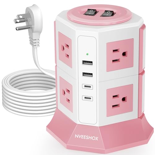 Surge Protector Power Strip Tower with 8 AC Outlets 4 USB Ports(2 Type C), 6.5 FT Ultra Flat Extension Cord, Flat Plug Power Strips Tower with Surge Protection for Home, Office, Dorm