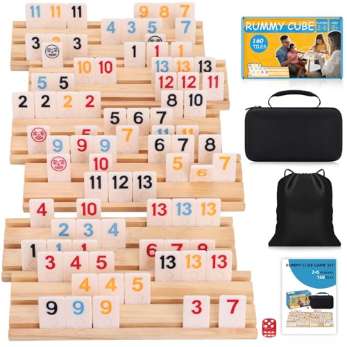 Timissu Rummy Cube 6-8 Players with Wooden Racks Rummy Cube Game with Case Travel Size Rummy Game Large Number Rummy Tiles Set for Family Classic Board Games