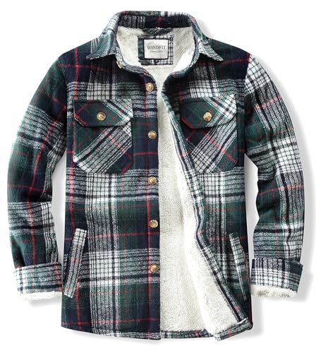 WINDFIT Men's Cotton Sherpa Lined Button Down Flannel Shirt Jacket Plaid Soft Outdoor Flannel Jacket Shirt