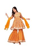 RUSHVI Women Printed Anarkali Kurta with Pant & Dupatta || Salwar Suit Set and Sharara Sets With Dupatta (IN, Alpha, S, Regular, Yellow)