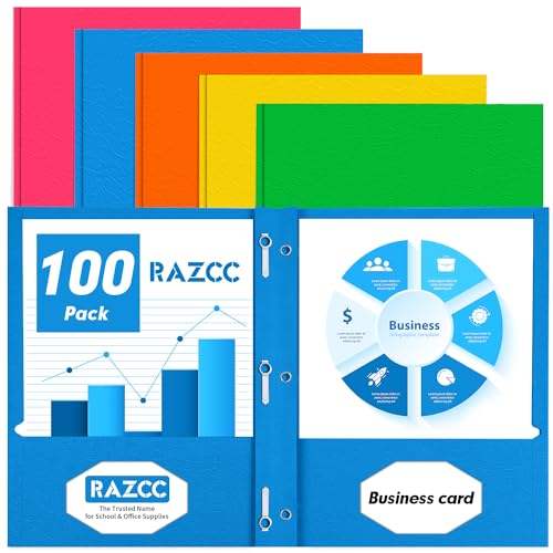 Two Pocket Folders, RAZCC 100 Pack Two Pocket with Prongs, 3 Prong Folders Fit Letter Size Paper, Pocket Paper File Folders for School Office Home Business