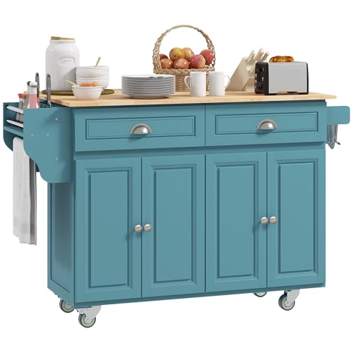 HOMCOM Rolling Kitchen Island Cart with Drop Leaf, Kitchen Cart on Wheels with Wood Top, 2 Drawers and 2 Storage Cabinets, Island Table for Kitchen, Dining Room