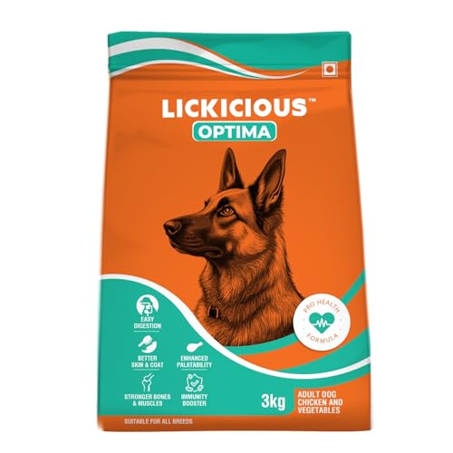 LICKICIOUS Optima Dry Dog Food Adult 3 KG | Chicken & Vegetable | Complete and Balanced Optimum Nutrition for Pedigree Dogs | Great Taste & Easy Digestion (Pack of 1)