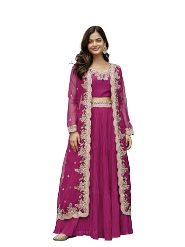 TRENDMALLS Women's Soft Organza Embroidery Crop Top with Flared Pleated Skirt and Shrug Set (G294-Pink-3XL)