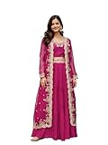 TRENDMALLS Women's Soft Organza Embroidery Crop Top with Flared Pleated Skirt and Shrug Set, Pink, 3X-Large