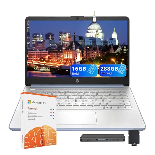 HP Stream 14" HD Laptop, Intel Processor N150, 16GB RAM, 288GB Storage(128GB UFS+160GB Docking Station Set), Intel Graphics, Webcam, Wi-Fi 6, 1 Year Office 365, Copilot, Fast Charge, Win 11, Blue