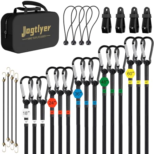 Jogtlyer Bungee Cords Set 28pcs Heavy Duty Outdoor Roll Bungie Cord Bundle with Carabiner Hooks 10" 18" 24" 36" 48" 60" Black Bungee Straps Ball Bungee Cords and Tent Clip