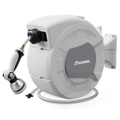 100 FT x 1/2" Retractable Garden Hose Reel by HOZEREEL, Decorative Outdoor Garden Hose Reels - Automatic Self Retract Wall Mount Hose Reel Enclosed Storage, Any Length Lock