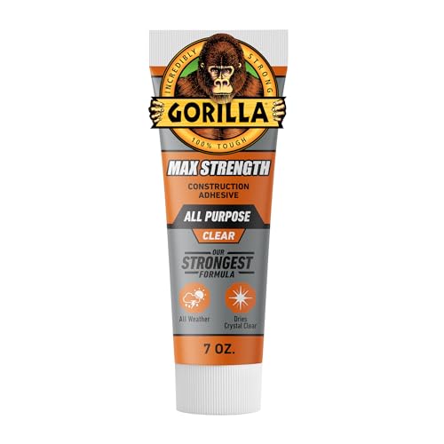 Gorilla Max Strength Construction Adhesive, Clear Glue, 2.5 Ounce Squeeze Tube
