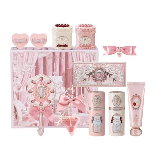Flower Knows Cake Charm Set,Strawberry Cupid 12-Piece Makeup Gift Box Set,Lip Cream+Liquid Blush+Makeup Palette+Hand Mirror+Solid Perfume+Hair Clip+Cushion Powder Puff+Eyeshadow Brush+Gift Box