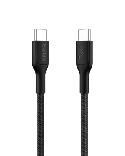 Belkin CAB024fq1MBK USB-C to USB-C Braided Nylon Cable, Ultra Fast Charging, 60W, PD Compatible, Compatible with iPhone 15/16, iPad, MacBook, Windows, Galaxy, Pixel, and More