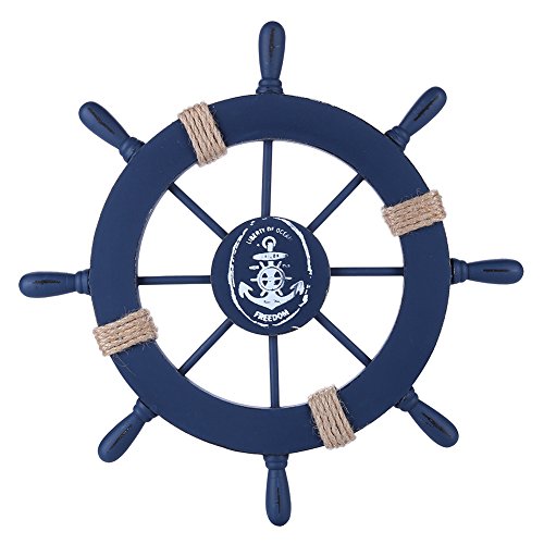 Rienar Nautical Ship Steering Wheel - 11" Diameter Wooden Beach Home Wall Décor With Fishing Net/Shell/Fish/Starfish/Seagull