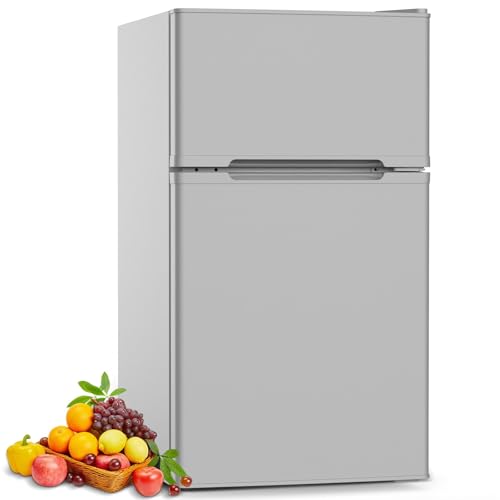 COWSAR 3.2 Cu.Ft Fridge with Freezer, Double Door Compact Fridge for Bedroom, Adjustable Thermostat, Energy-efficient Low Noise Small Refrigerator For Dorm, Office, Bar, RV, Bedroom,Commercial