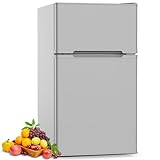 COWSAR 3.2 Cu.Ft Fridge with Freezer, Double Door Compact Fridge for Bedroom, Adjustable Thermostat, Energy-efficient Low Noise Small Refrigerator For Dorm, Office, Bar, RV, Bedroom,Commercial