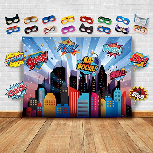 Superheroes Theme Party Photography Backdrop with Prop, Flag & Mask. Super Hero Cityscape Photo Booth Background for Kids Party, Birthday Wall Decorations