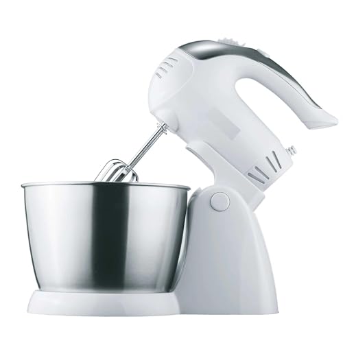 5-Speed Stand Mixer with Stainless Steel Bowl – 200W Electric Mixer with Detachable Hand Mixer for Dough, Batter, and Baking – Compact Kitchen Appliance in Black or White (White)