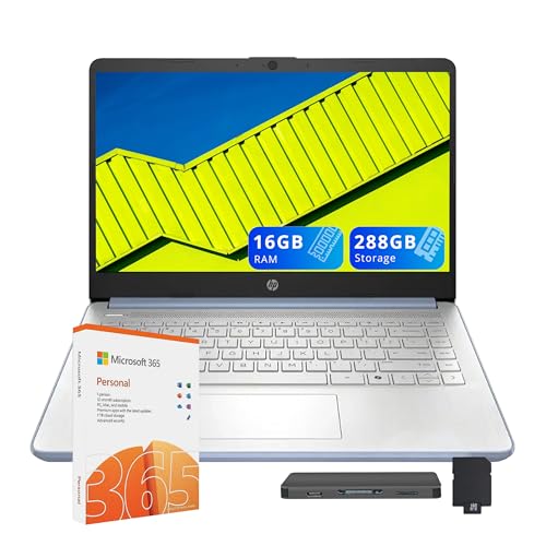 HP Flagship 14" HD Student&Business Laptop W/1 Year Office 365&AI-Copilot, Intel N150 CPU(Beats i3-1115G4), 16GB RAM, 288GB Storage (128GB UFS + 160GB Docking Set), Webcam, Bluetooth, Win 11s, Blue