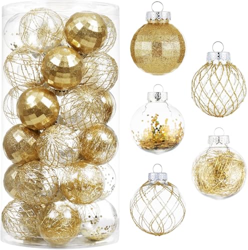 30ct Christmas Ball Ornaments-60mm/2.36" Shatterproof Clear Plastic Xmas Balls Baubles Set with Stuffed Delicate Sparkling, Hanging Christmas Tree Decorations