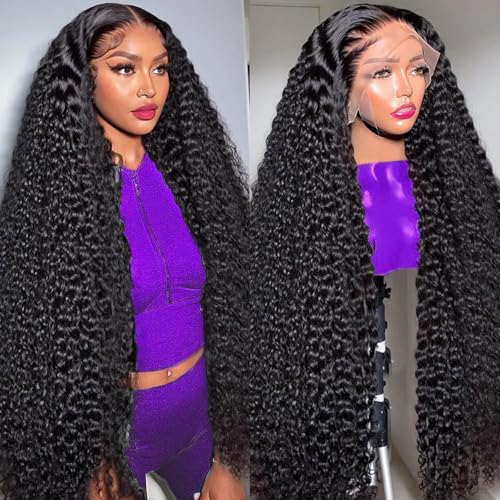 COLORSUPIDOL 32 Inch Deep Wave Lace Front Wigs Human Hair Natural Density 13x4 HD Transparent Lace Frontal Wigs Human Hair Pre Plucked Deep Curly Glueless Wigs for Black Women Natural Color