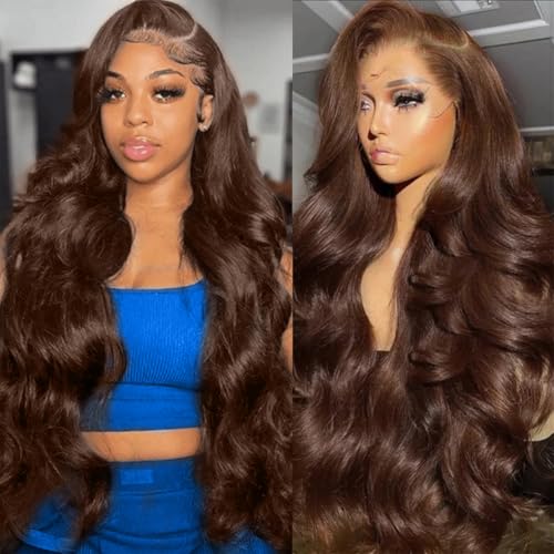 QBRVP 30 Inch Chocolate Brown Lace Front Wig Human Hair 200 Density 13x6 Hd Body Wave Lace Front Wigs Human Hair Pre Plucked Colored Frontal Wigs Human Hair Brown Wig Human Hair Wigs for Women