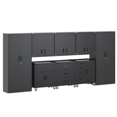 AQY Metal Garage Storage Cabinets System,8 Piece Workshop Steel Tool Cabinet Set Included Lockable Garage Storage Cabinet with Drawers Shelves Rolling Chest and Wheels,Assembly Required