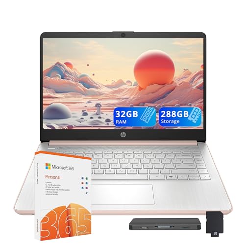 HP Flagship 14" HD Student&Business Laptop, Intel N150 CPU(Beats i3-1115G4), 32GB RAM, 288GB Storage (128GB UFS + 160GB Docking Set), W/1 Year Office 365&AI-Copilot, Webcam, Bluetooth, Win 11s, Gold
