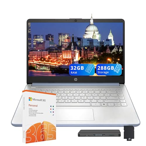 HP Flagship 14" HD Student&Business Laptop, Intel N150 CPU(Beats i3-1115G4), 32GB RAM, 288GB Storage (128GB UFS + 160GB Docking Set), W/1 Year Office 365&AI-Copilot, Webcam, Bluetooth, Win 11s, Blue