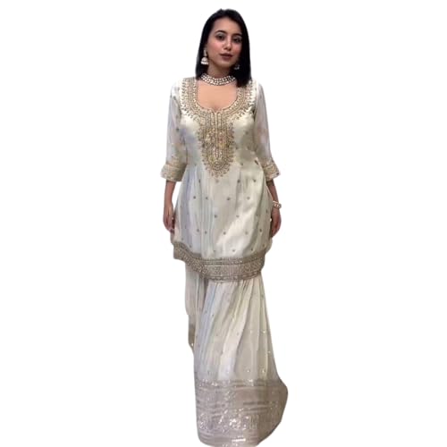 Designer Embroidered Sharara Suit, White Silk with Gold Embellishments, Three-Quarter Sleeves (IN, Alpha, 2XL, Regular, Standard, cream)