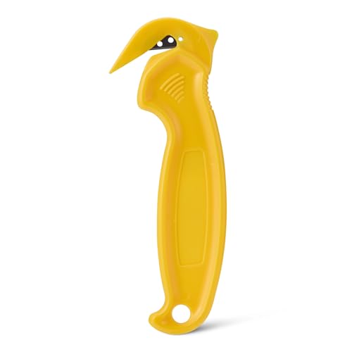 Amazon Basics Film Safety Cutter, Concealed Stainless Steel Blade with Tape Splitter for Boxes, Packages, Shrink Wrap, Yellow, 1-Pack
