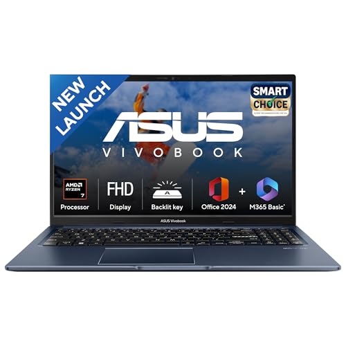 ASUS Vivobook 15, Smartchoice, AMD Ryzen 7 5825U, 16GB RAM, 512GB SSD, FHD 15.6", Windows 11, Office Home 2024, Quiet Blue, 1.7Kg, M1502YA-BQ703WS, AMD Radeon iGPU, M365 Basic (1Year)*, 42Whr Laptop