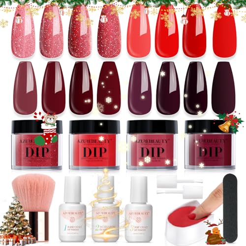 AZUREBEAUTY 4 Colors Dip Powder Nail Kit Dipping Powder Liquid Set with Base/Top Coat Activator for Daily French Nail Art