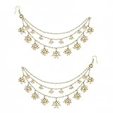JWELLA Traditional Gold Plated Alloy Ear Chain Pair with Kundan & Pearl Dangling Design | 3 Layer Bridal KanChain Kanoti Mattal Ear Chain for Women (Design 1) (1 Pair)