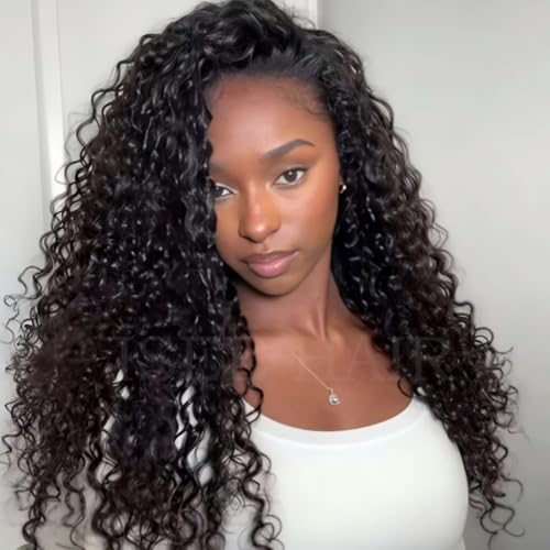 ISEE Half Wig Human Hair Water Wave Human Hair Glueless Wigs Seamless Clip Ins Flip Over Wear Go Wig Invisible Hairline Beginner Friendly (Black, 20 Inch)